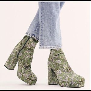 Free People Green Floral Platform Heeled Boots